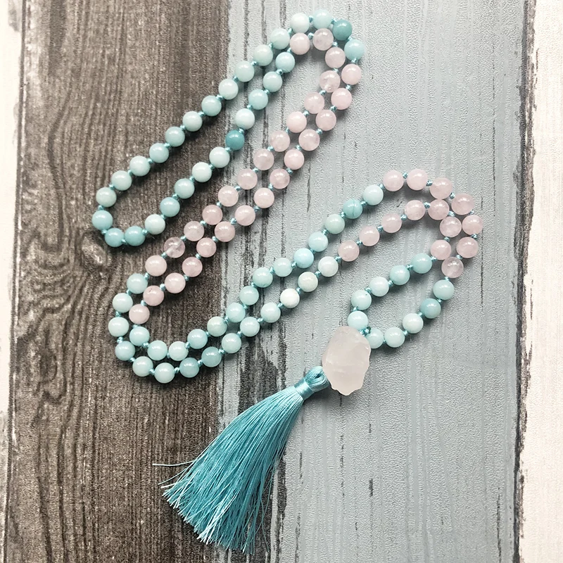 

Raw Stone Pendant Mala Necklaces Rose Q-uartz And Blue Stone Knotted Necklace 108 Mala Beads Tassel Necklace Womens Gift For Her