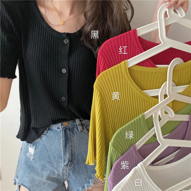 

Summer 2020 New Thin with High-Waisted Trousers Flab Hiding Short Sleeve Knitwear T-shirt Women's Ice Silk Short-Style Purple