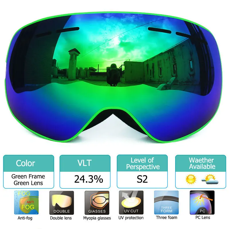 Green Green Лыжные очки с магнитной двойной слоистые линзы лыжные Анти-Туман UV400 сноуборд очки для мужчин женщин лыжные очки - Цвет: Green Green