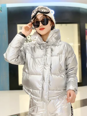 silver Модный Глянцевый Зимний пуховик из хлопка для женщин яркие черные короткие блестящие желтые/красные стеганые пальто - Цвет: silver