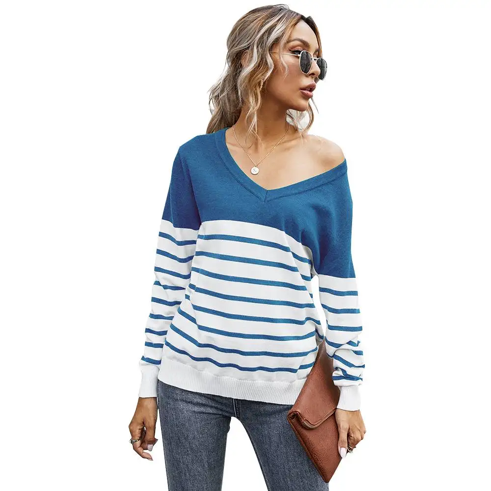 

Женский пуловер с V-образным вырезом и длинным рукавом, в полоску