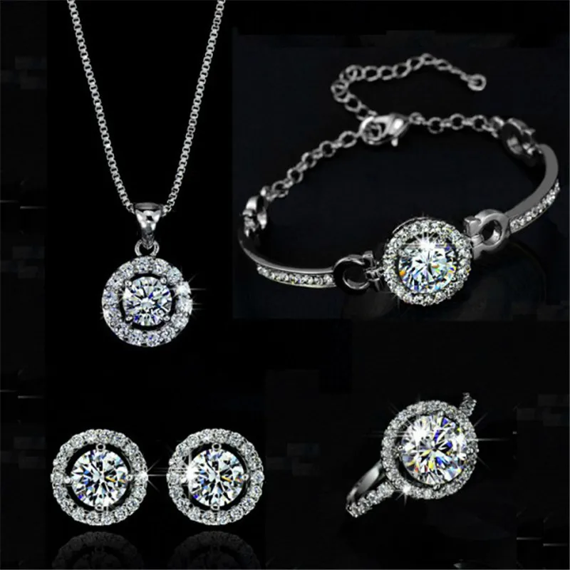 

Weibliche Weie Kristall Schmuck-Set Charme Gold Silber Farbe Stud Ohrring Fr Frauen Nette Ring Armband Hochzeit Kette Halskette