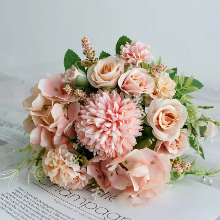 rose pink 1 букет, украшение для дома, отеля, Европейский искусственный букет, шелковые искусственные цветы, роза, пион, для рукоделия, вечерние, свадебные украшения, венок - Цвет: rose pink