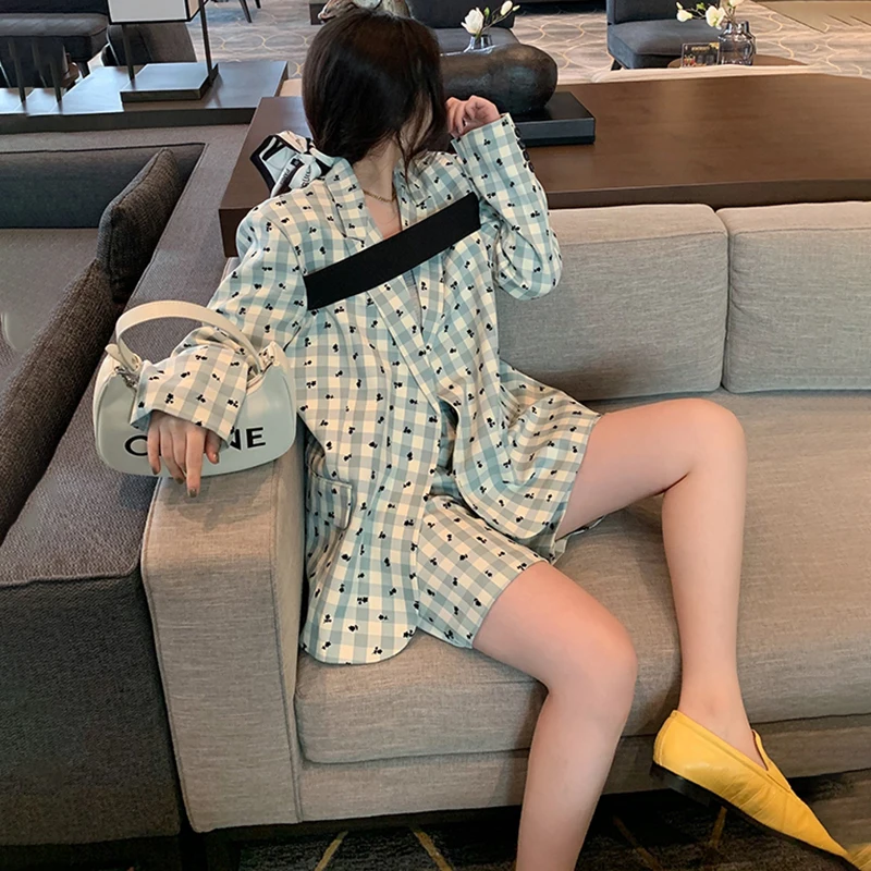 

IEQJ Women Korean Style Green Casual Cozy Plaid Blazer New Lapel Long Sleeve Loose Jacket Fashion Tide Summer 2021 3F0742
