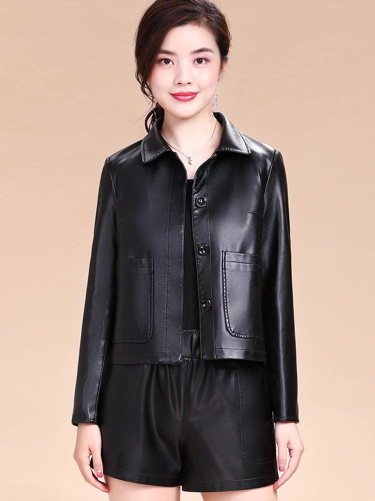 Spring And Autumn New Women Genuine Leather Jacket Short Korean Slim Fashion Lapel Sheep Leather Outerwear Girl Small Coat Trend
