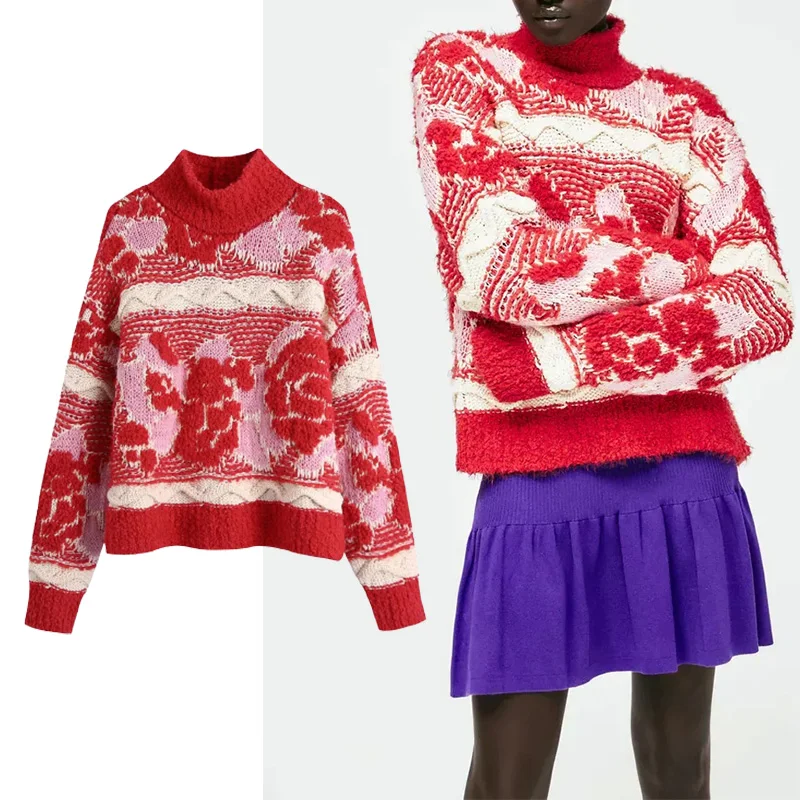 

Женский жаккардовый свитер TRAF Za, мягкий вязаный пуловер для девушек, Осень-зима 2021