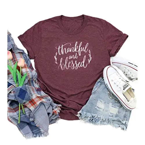 

Womens Thankful Grateful and Blessed Tee Fall Pumpkin Cute T Shirt Thanksgiving Gift Shirts Thankful Vacation Blouse Tops