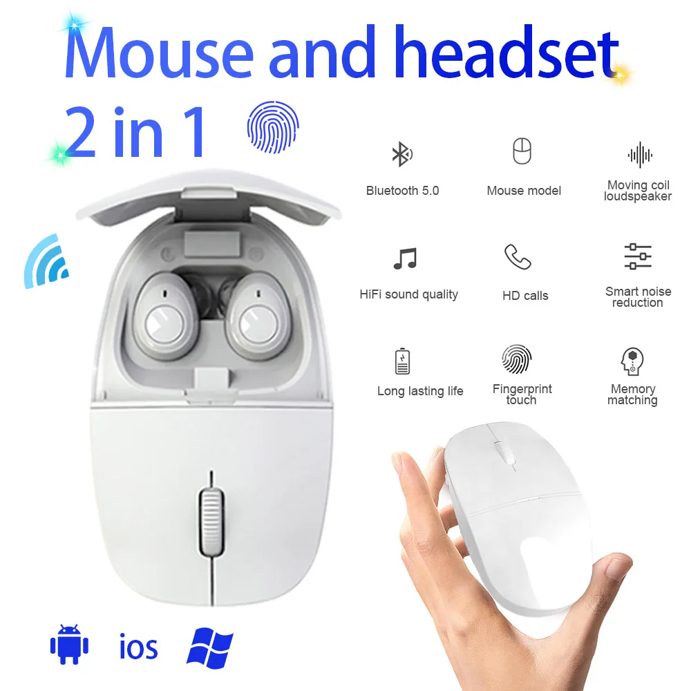 

Wireless Bluetooth Mouse and Headset 2 in 1 Bluetooth 5.0 Wireless Earbuds with 1000mah Charging Box for IOS Android