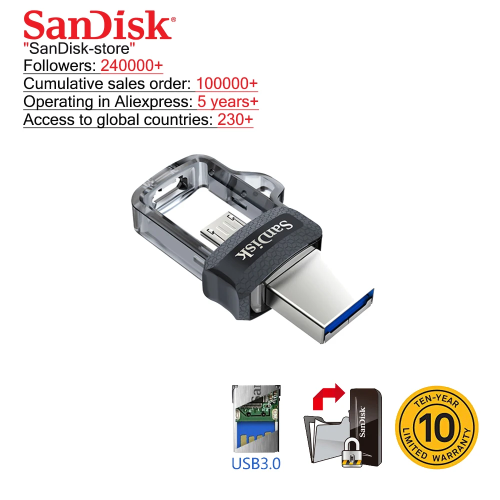 Sandisk 100% Оригинальный мини USB 3 0 двойной OTG флэш-накопитель 16 ГБ 32 64 Гб 128 флешки для