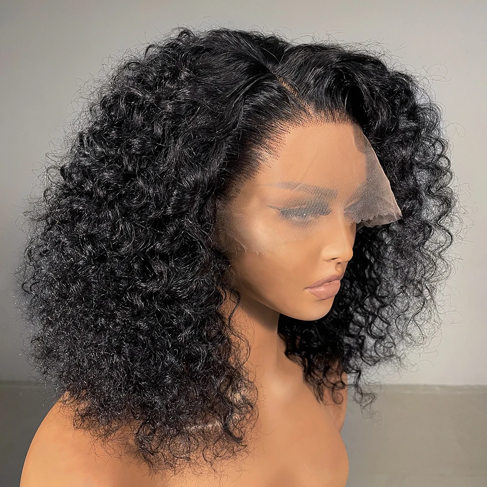 

Jerry Curly 13x4 Lace Front Wig Short Bob Frontal Human Hair Wigs Deep Wave Brazilian Remy Pre Plucked 4x4 Closure 180% Density