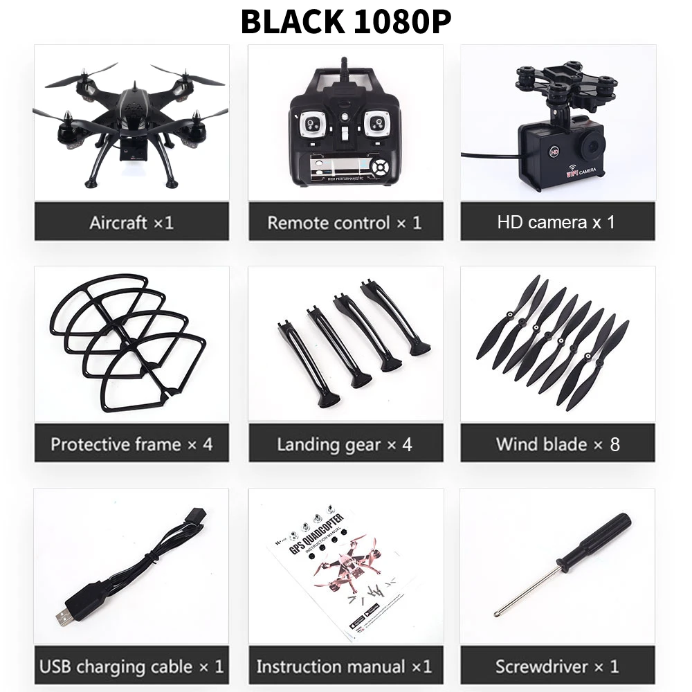 black 1080p X9 профессиональная широкоугольная камера Дрон 1080p HD gps WiFi FPV щетка Пропеллер для мотора длинная батарея воздушный Дрон на ру Квадрокоптер - Цвет: black 1080p