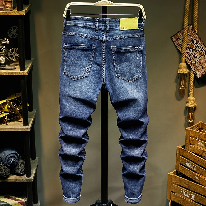 Мужские джинсы облегающие тянущиеся синие потертые рваные брюки мужские для