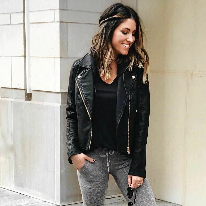 Для женщин Большие размеры S 4XL кожаная куртка с длинным рукавом однотонные