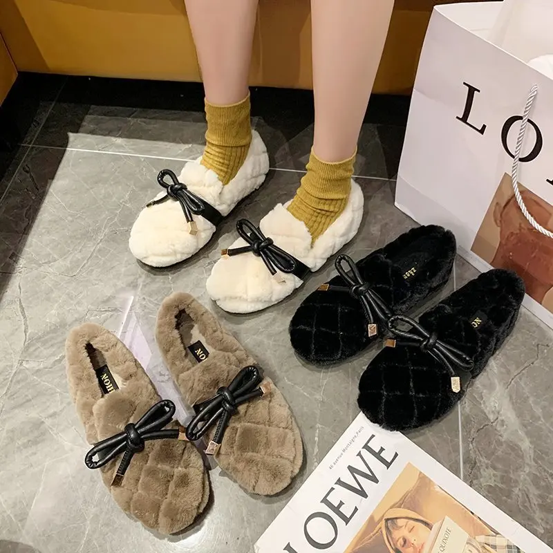 Winter The New Fur Shoes Women Fashion Casual Solid Slip-On Round Toe Butterfly-knot Plush Shallow Keep Warm High Quality Flock