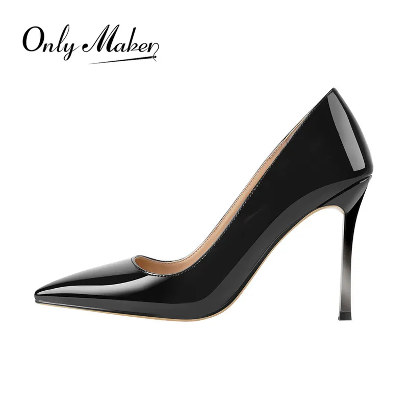 Onlymaker Women's Shoes Pointed Toe Black Red Patent Leather Metal Heels Fashion Wedding Party Big Size Lady Thin Pumps onlymaker women s pointed toe block classic 12cm high heels slip on thick shoes wedding office dress big size chunky lady pumps