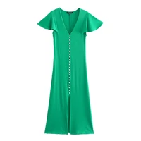 xnwmnz women za green ribbed button up dress woman v neck short sleeves summer dresses female fashion casual knit midi dress