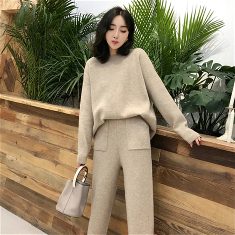 Новая мода 2019 женский спортивный костюм с карманами осень зима трикотажные брюки