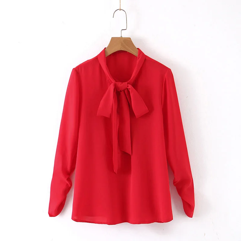 Женская однотонная красная Роскошная блуза галстук-бабочка плиссированные