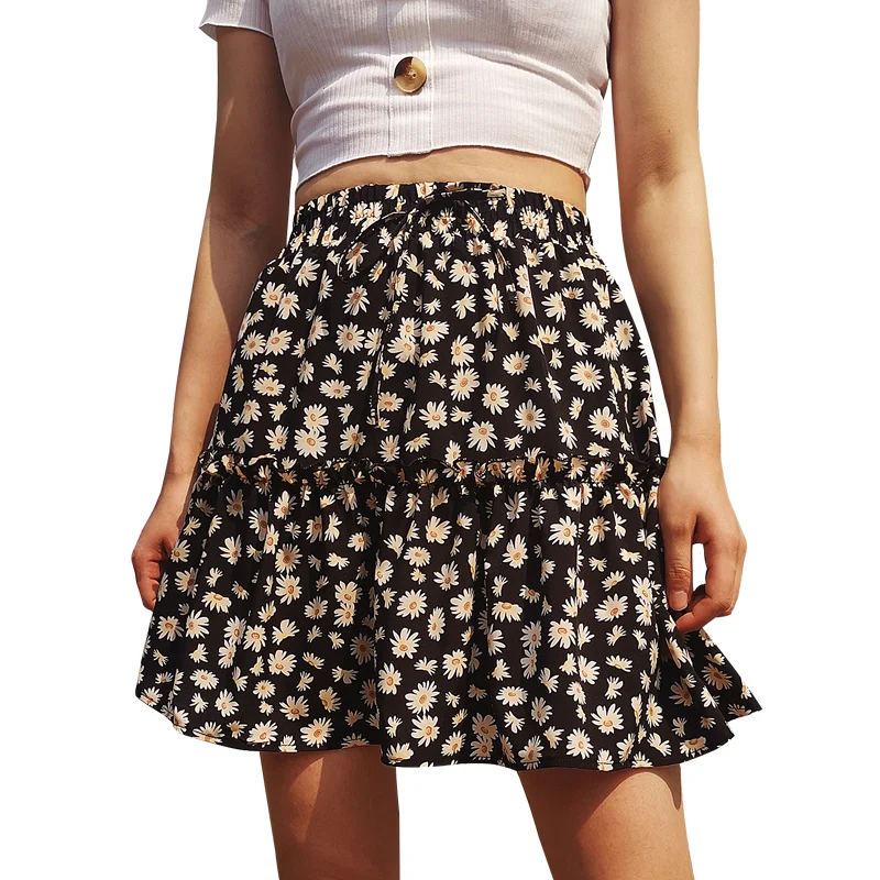 

Summer Boho Floral Print Ruffle Patchwork High Waist Fashion Women Skirt Casual Loose Streetwear Beach Drawstring Short Skirts