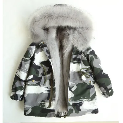 Camo Grey Grey Пальто с мехом для девочек; куртка с искусственным лисьим мехом; зимняя детская одежда; камуфляжная верхняя одежда для мальчиков и девочек; детское меховое пальто; TZ155 - Цвет: Camo Grey Grey