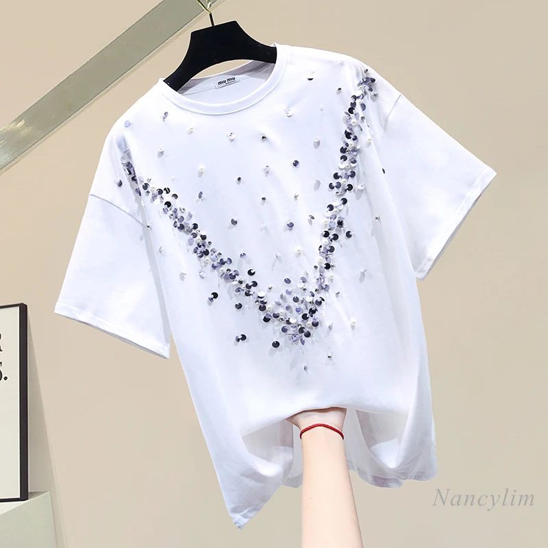 

White Loose T-Shirt for Women Casual Round Neck Sequines Cotton Short-Sleeved Shirts Female 2021 New Spring Summer Top