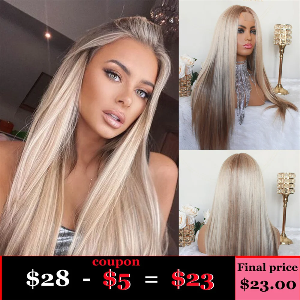 

Хайлайтер парик блонд кружева фронтальный парик Омбре синтетические волосы шелковая основа парик средней части длинные прямые волосы