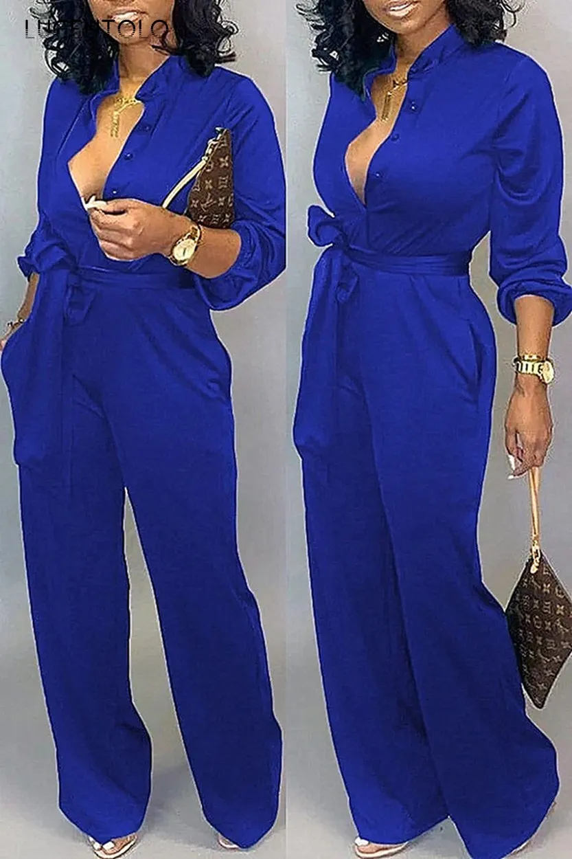 

Lugentolo Elegant Jumpsuit Women Summer Long Sleeve Sexy V-neck Loose Casual Thin Wide Legs Straight Long Jumpsuits