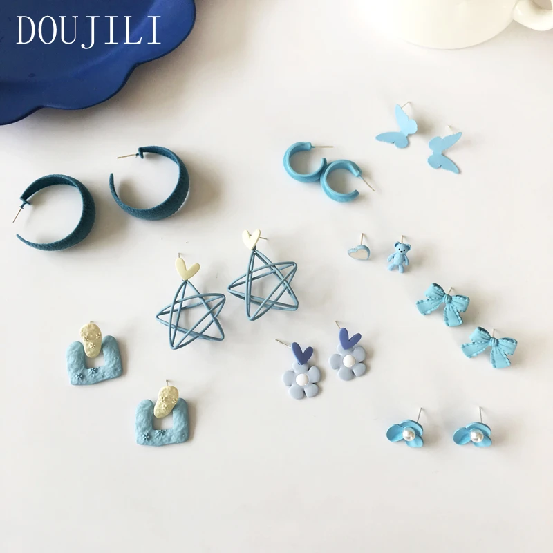 

Bilandi S925 needle Fashion Jewelry Blue Earrings Popular Geometric Star Butterfly Bow Heart Flower Women Earrings For Girl Gift