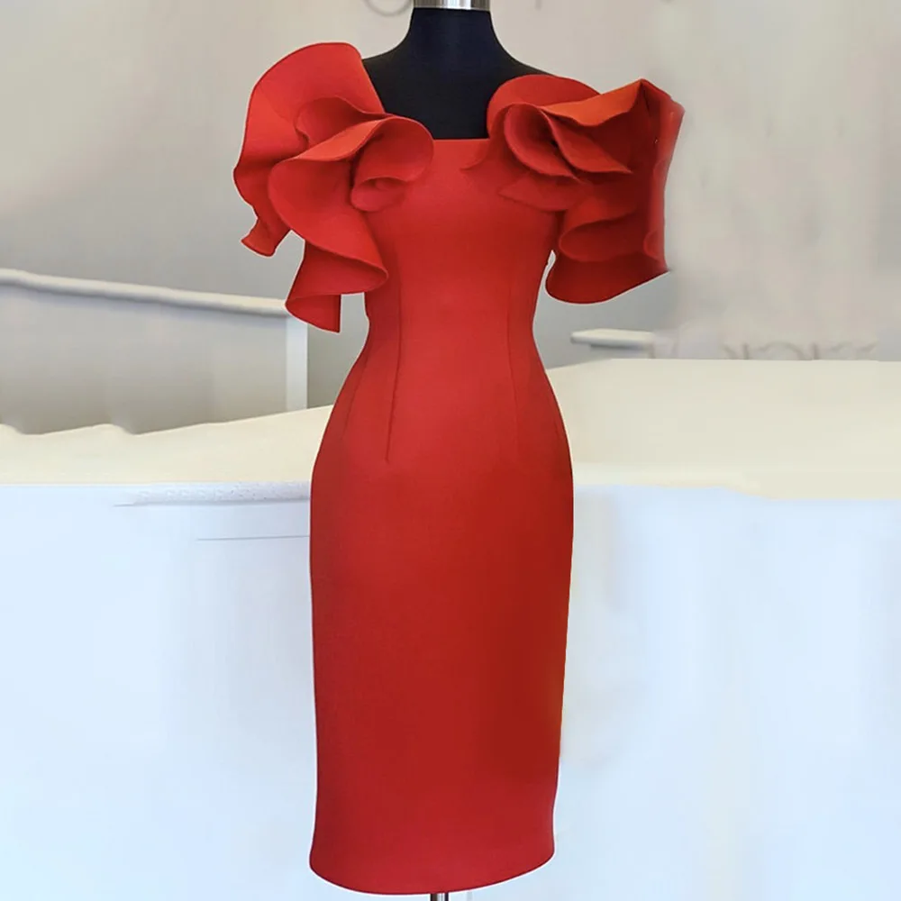 

Elegant Red Ruffles Bodycon Midi Dress 2021 Summer African Women Cocktail Party Dresses Short Sleeve Lady Pleated Dresses