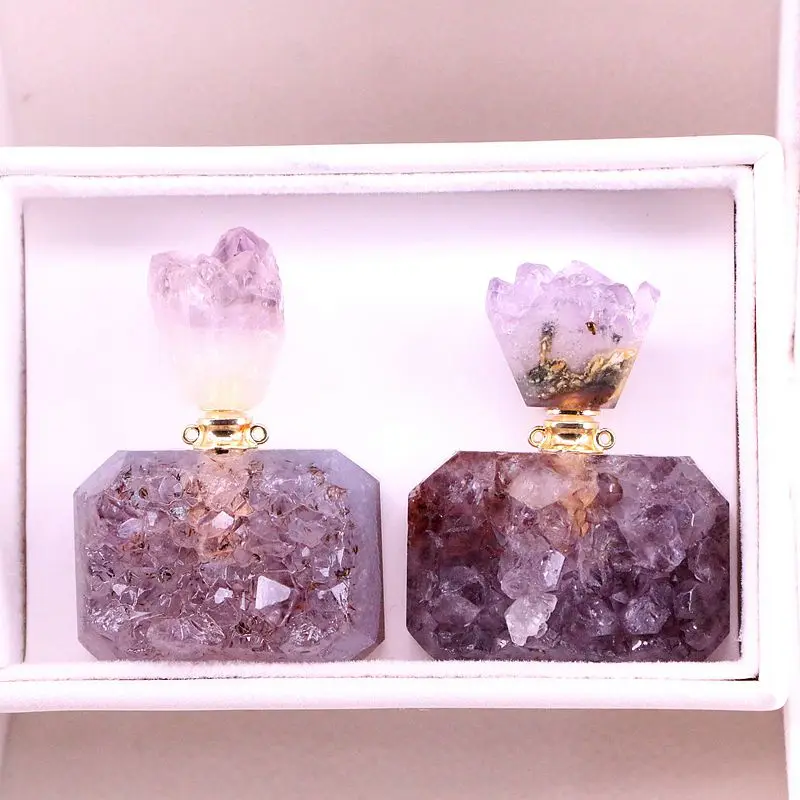 2 шт., высокое качество натуральный фиолетовый Geode флакон духов Подвески, Камни кварца Druzy эфирные масла диффузор флакон подвески
