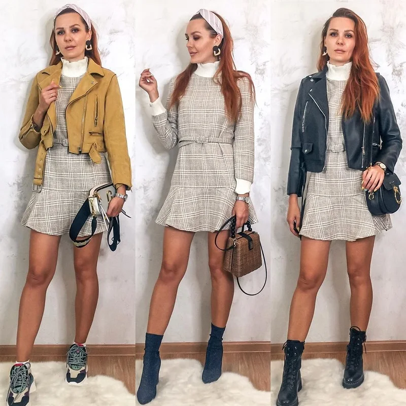 Simplee Элегантное платье в клетку женское коротким трикотажным платьем женское с рюшами и винтажными осенними офисными дамскими платьями