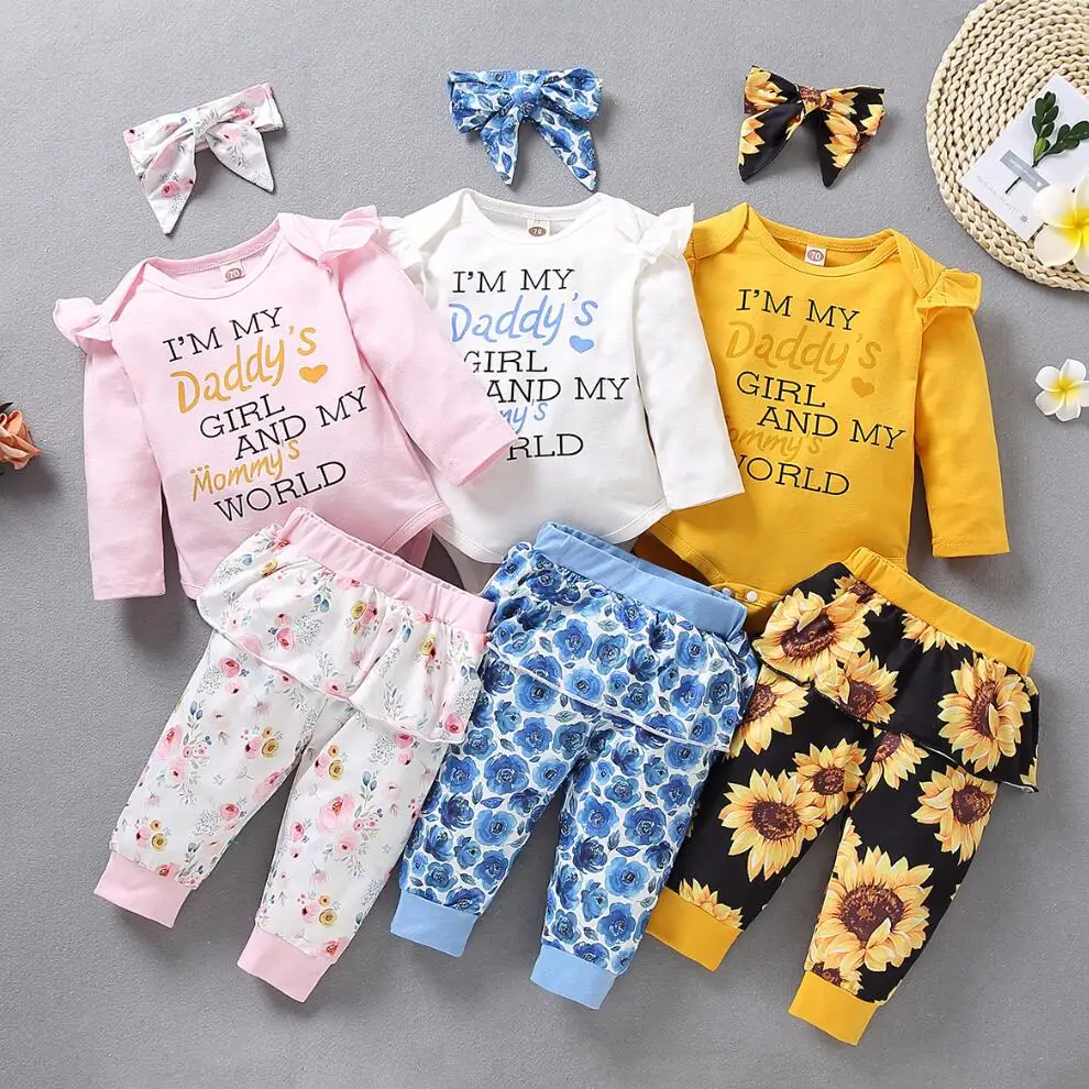 

3PCS Cute Newborn Baby Girl Clothes Toddler Baby Girls Letter Romper Bodysuit+Ruffles Floral Print Pants Outfits Baby Clothing