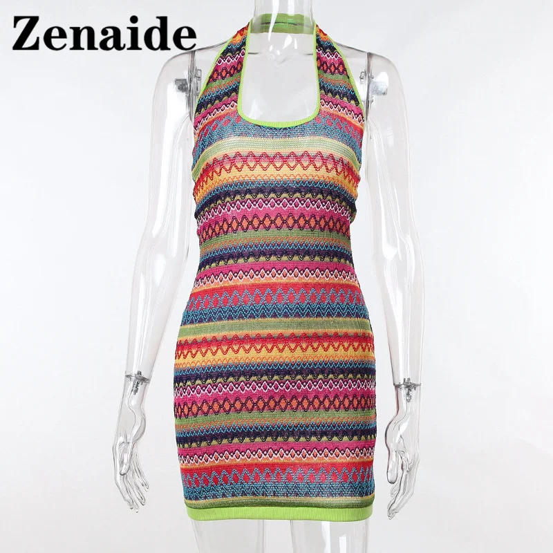 

Zenaide Knitted Backless Halter Neck Sexy Bodycon Dress Sleeveless Y2K Striped Print Mini Party Sundress Women Holiday Summer
