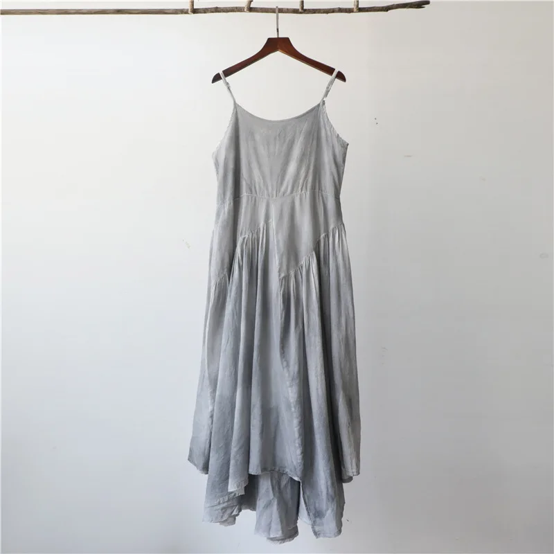 

NINI WONDERLAND Summer 2021 Tie Dye Cotton Casual Beach Midi Dress Women Sleeveless Spaghetti Strap Irregular Dress Mori Girls