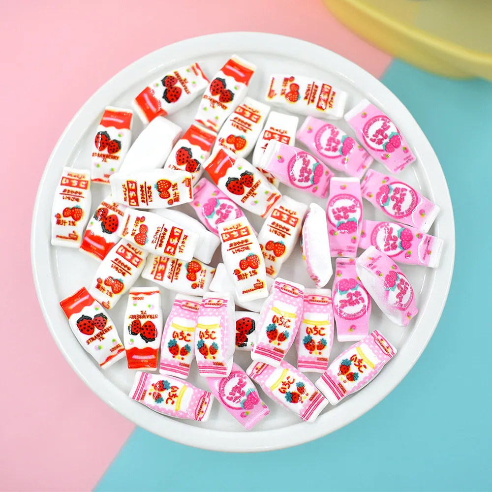 

20pcs Strawberry Juice Drink Bag Resin Flat back Cabochon Miniature Simulation Fake Food Art Supply DIY Phone Decoration Crafts