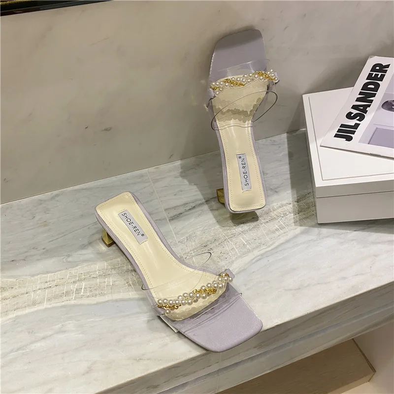 

Shoes Woman 2021 Female Slippers Transparent Heel Luxury Slides Heeled Mules Low String Bead New Soft Designer High Summer Fashi