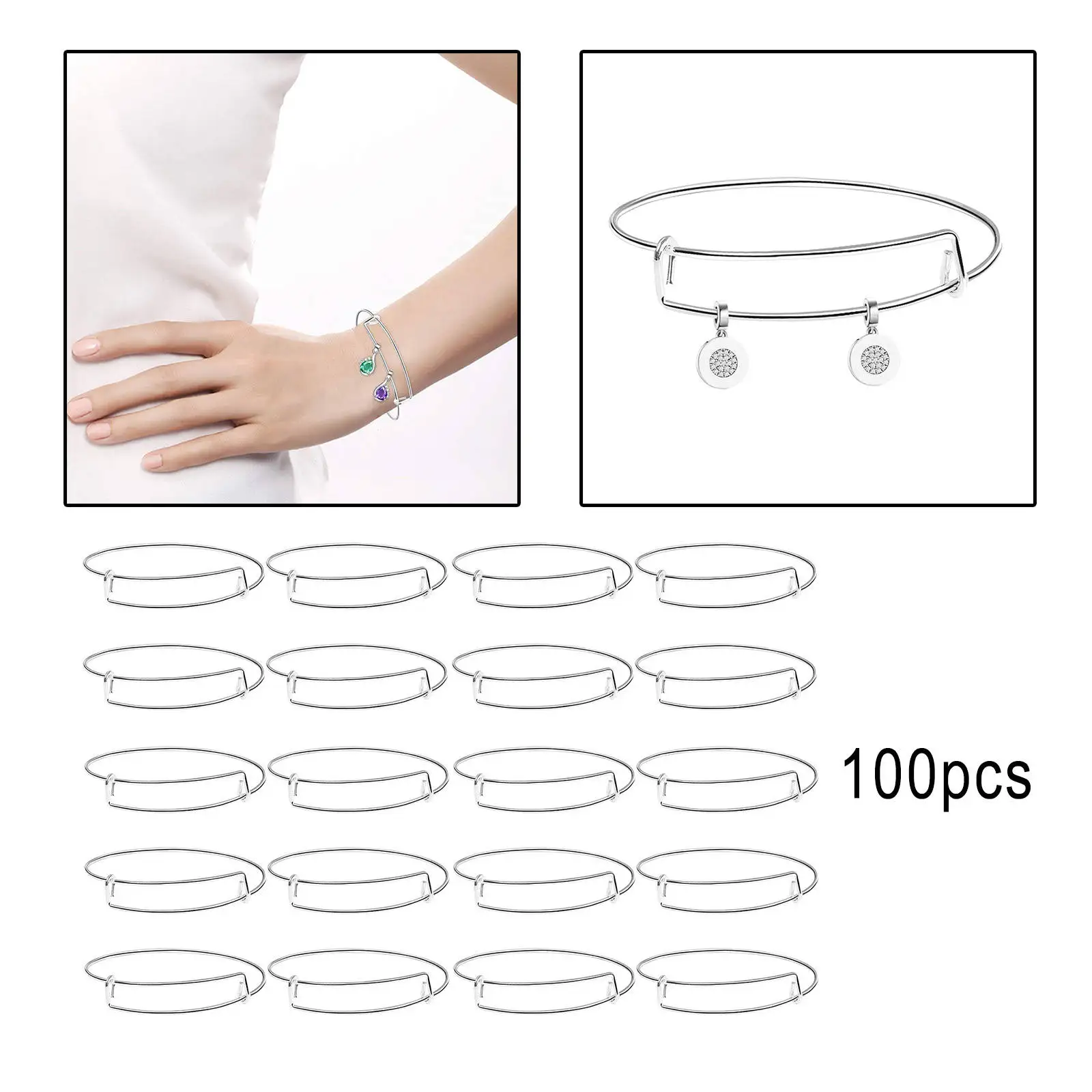 

100x Silver Blank Bangles 65mm Expandable Bangle Bracelets for DIY Charm Bangle Jewelry Finding