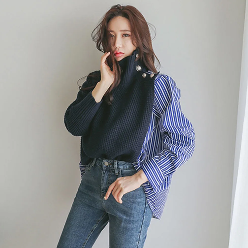 Korean Women Turtleneck Chunky Oversize Sweater Patchwork Knit Sweaters Pullover And Jumper 2020 Spring Fall Winter Knitted Top | Женская