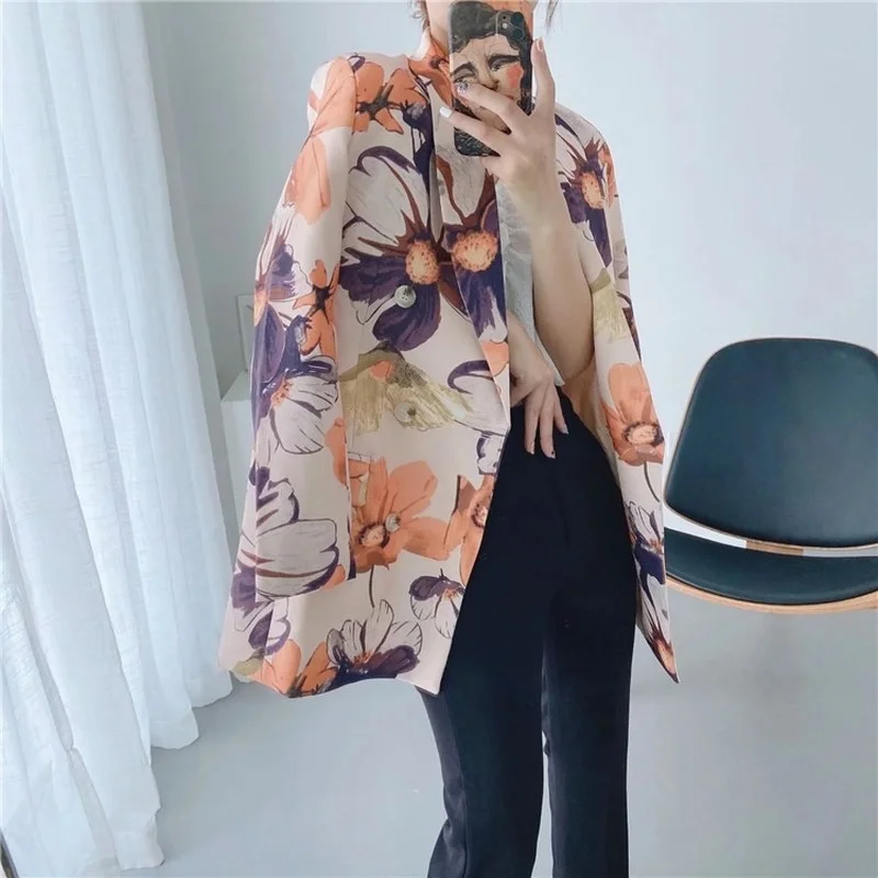 

Блейзер Женский с абстрактным принтом, Двубортный повседневный офисный Блейзер средней длины в Корейском стиле, Модный милый разноцветный ...