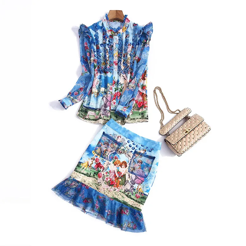 

The spring of 2021 the new female loading agaric edge fashion printed shirt pockets hip lotus leaf lace skirt suit