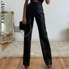 Женские брюки Fantoye, черные брюки из искусственной кожи с высокой талией и карманами, широкие брюки, элегантные однотонные облегающие брюки