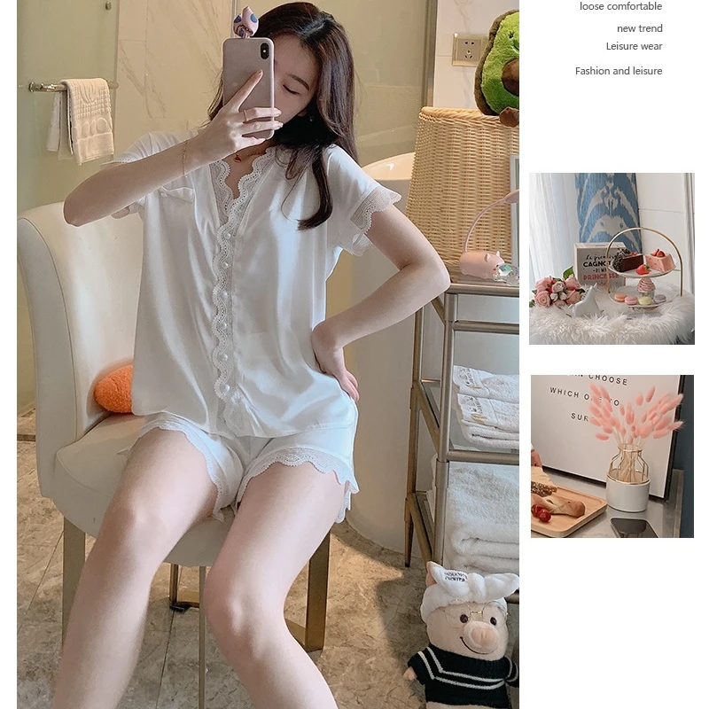

Summer pajamas women's ice silk short-sleeved pants cardigan sweet and cute can be worn outside home clothes summer thin solid c
