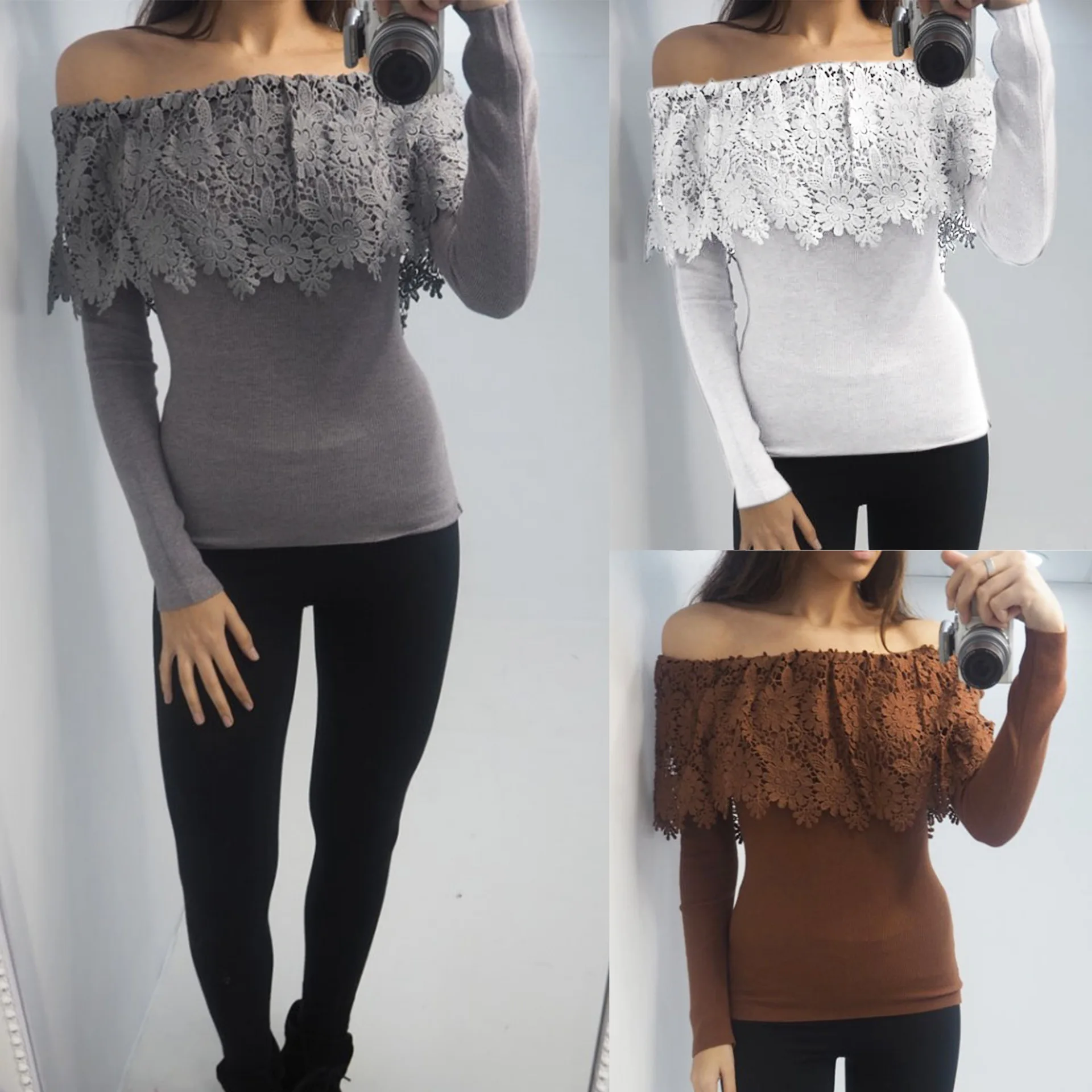 Повседневные Белые коричневые кружевные топы с длинным рукавом и вырезом