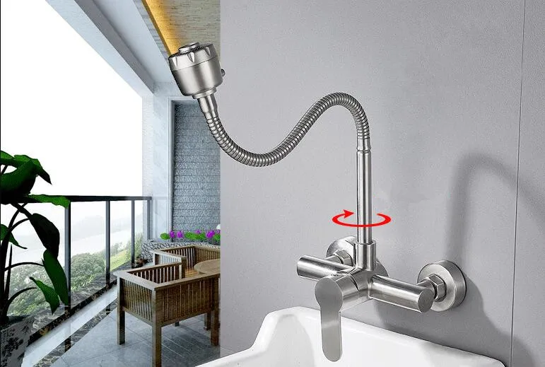 Stainless steel Wall Mounted Kitchen Faucet Kitchen Mixers Kitchen Sink Tap 360 Degree Swivel Flexible Hose Double Holes - Color: Red