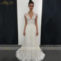 boho lace wedding dresses long a line v neck cap sleeves bridal gowns vestido de noiva sexy v neck bride dress open back