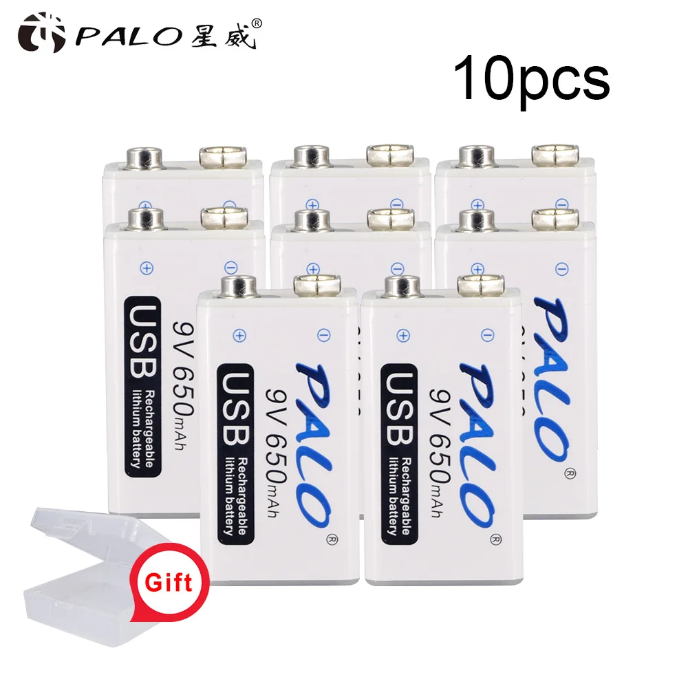 PALO 9V USB перезаряжаемые литиевые батареи батарея 650mah 9v bateria usb для рации Домашний Массажер металлический обнаружитель - Цвет: 10pcs
