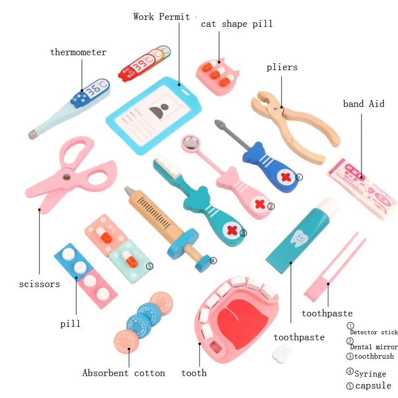 

Wooden Kids Pretend Play Doctor Toys Set Simulation Medical Equipment Stethoscope Children CosPlay Storage Box Gift for Child