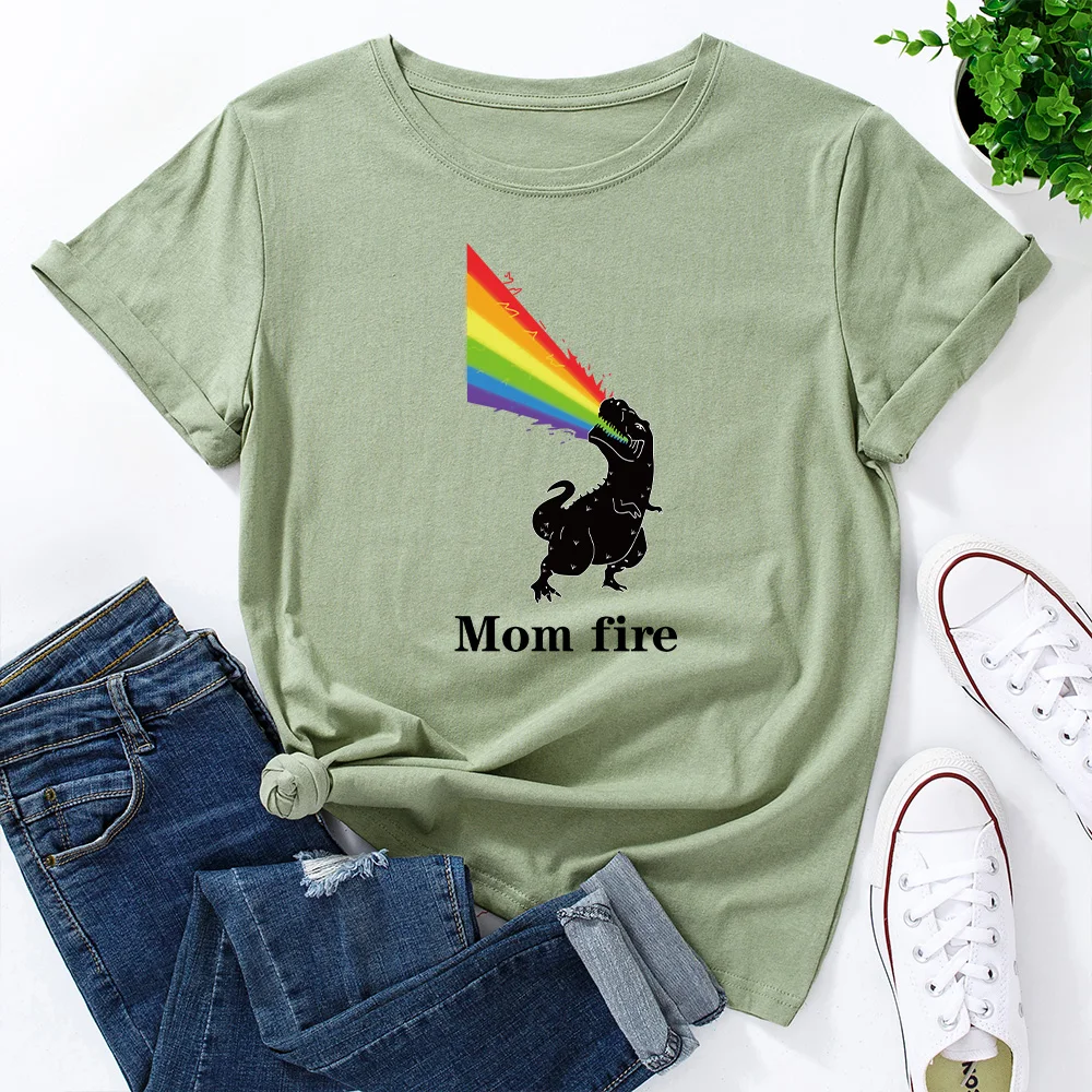 

Mom Fire Dinosaur Women's Graphic Tees Cotton Short Sleeve Crew Neck Loose T Shirt Tops Female Summer Casual Clothes