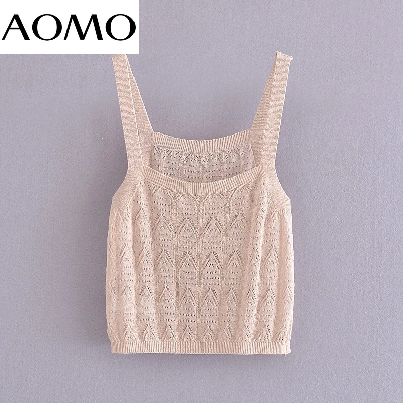 

AOMO Women Hollow Out Camis Crop Top Spaghetti Strap Sleeveless Shirts Female Casual Solid Tops SW37A