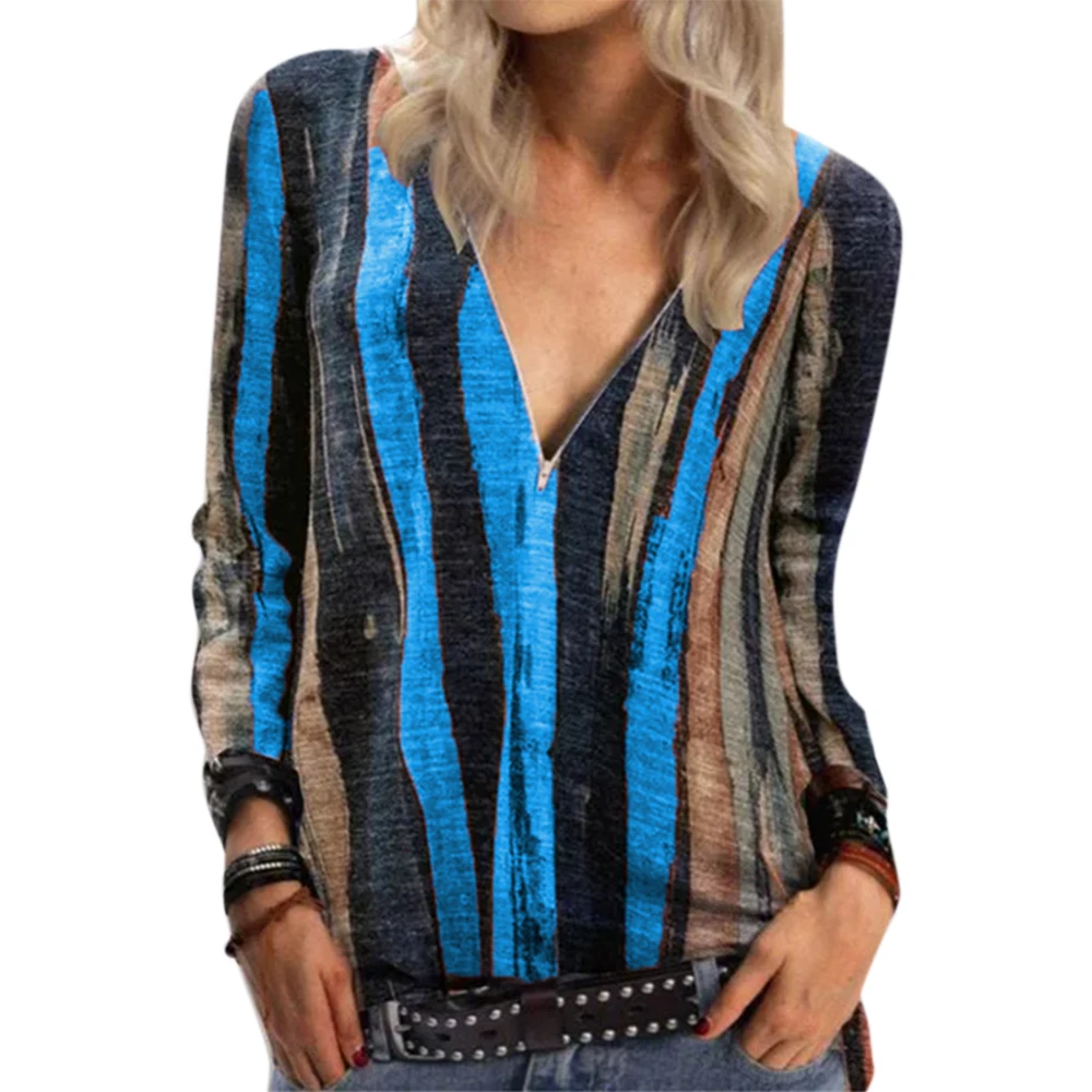 

Blouse Shirts Women Colorful Striped V neck Printed Women Clothing Long Sleeve Tops Shirt Casual Plus Size Loose Blousa Women